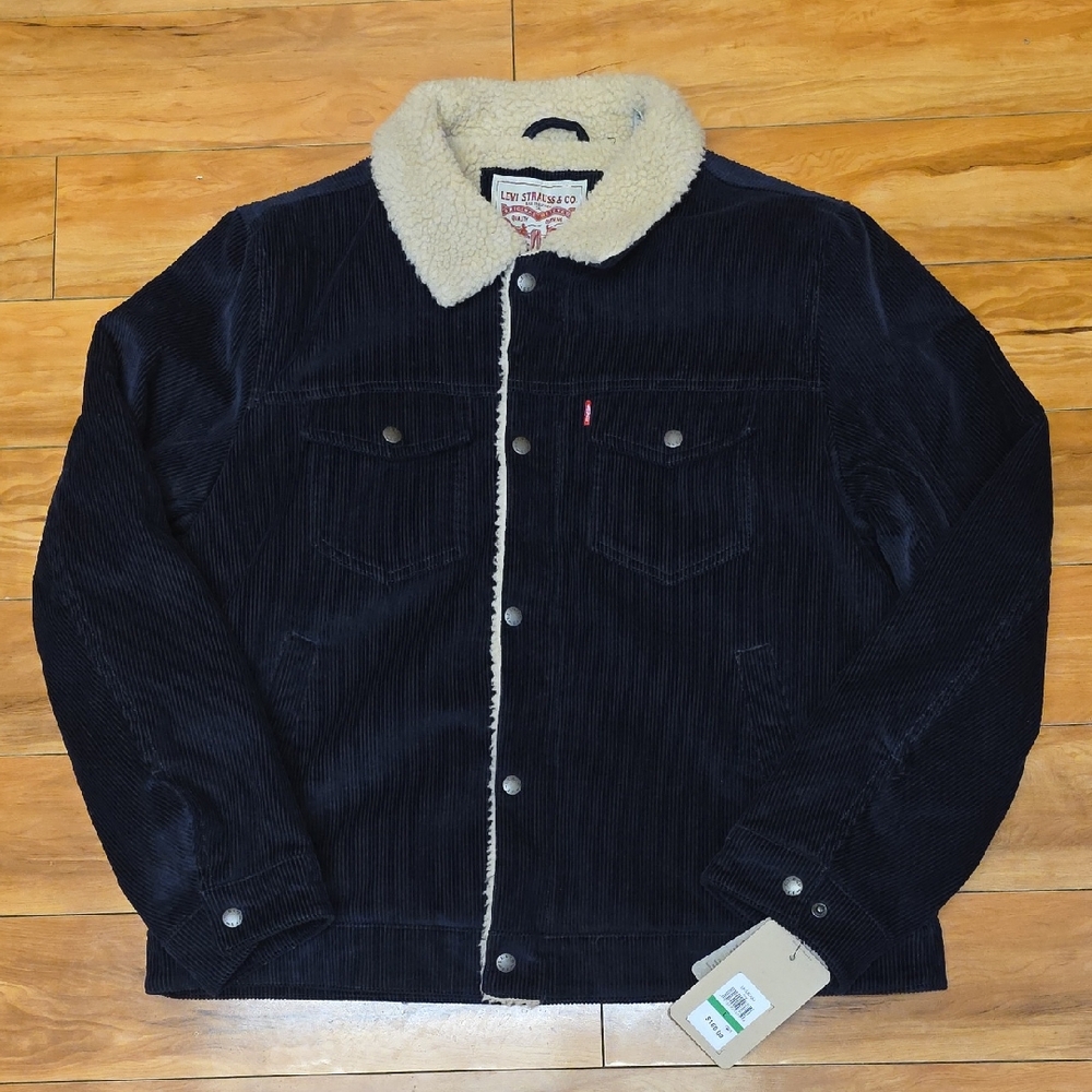 Levi's Sherpa Lined Corduroy Utility Trucker Jacket Navt Size Large Mens NEW